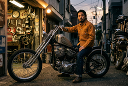 Japansk biker på HD-chopper med brun Sugar Cane Type 2-jacka